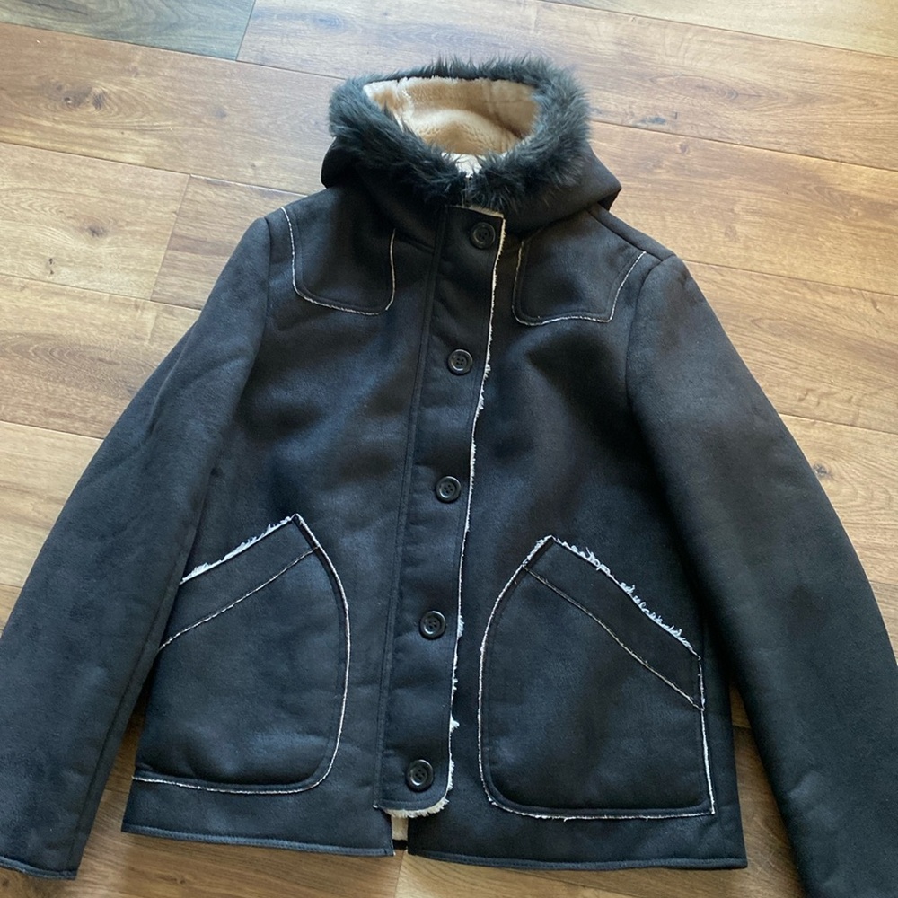 Black faux suede jacket zipper and button closure